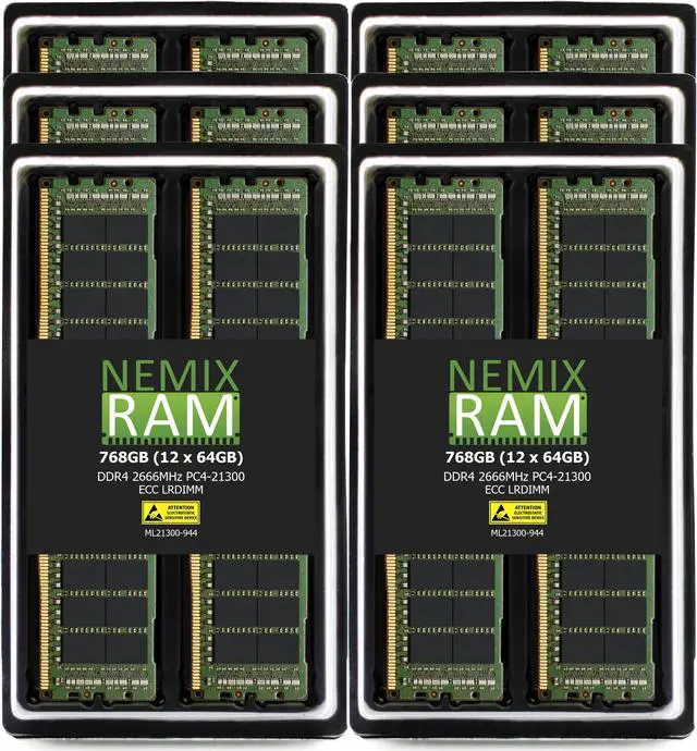 Main image of NEMIX RAM 768GB (12X64GB) DDR4 2666MHZ PC4-21300 4Rx4 1.2V CL19 288-PIN ECC LRDIMM Load Reduced Server Memory KIT Compatible with THINKMATE GPX-QT8-24E2-8GPU GPU-Optimized Servers