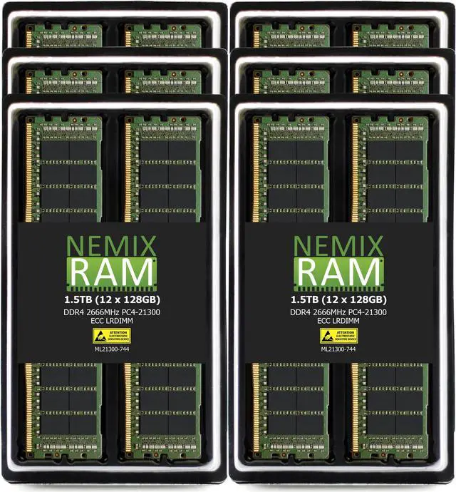 Main image of NEMIX RAM 1.5TB (12X128GB) DDR4 2666MHZ PC4-21300 2Rx4 1.2V CL19 288-PIN ECC LRDIMM Load Reduced Server Memory Compatible with THINKMATE GPX-QT8-24E2-8GPU GPU-Optimized Servers