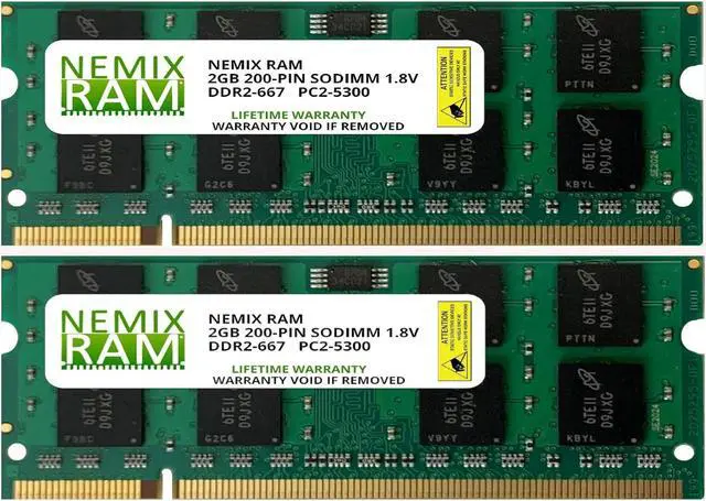 Main image of NEMIX RAM 4GB (2X2GB) DDR2 667MHz PC2-5300 2Rx8 1.8V 200-PIN Non-ECC SODIMM Laptop PC Memory KIT