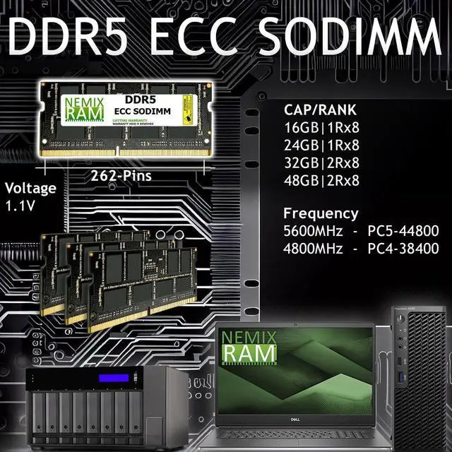 Alt view image 2 of 6 - NEMIX RAM 16GB (1X16GB) DDR5 4800MHZ PC5-38400 1Rx8 1.1V CL40 262-PIN ECC Unbuffered SODIMM Memory Compatible with Kingston KSM48T40BS8KI-16HA