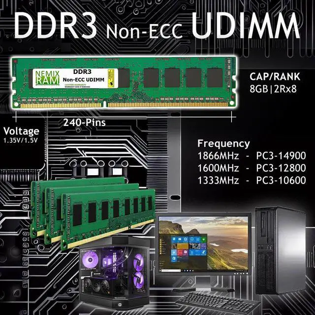 Alt view image 2 of 6 - NEMIX RAM 16GB (4X4GB) DDR3 1333MHZ PC3-10600 2Rx8 1.35V 240-PIN Non-ECC UDIMM Unbuffered Desktop Memory KIT