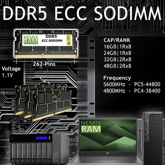 Alt view image 2 of 6 - NEMIX RAM 192GB (4X48GB) DDR5 4800MHZ PC5-38400 2Rx8 1.1V 262-PIN ECC Unbuffered SODIMM Memory KIT