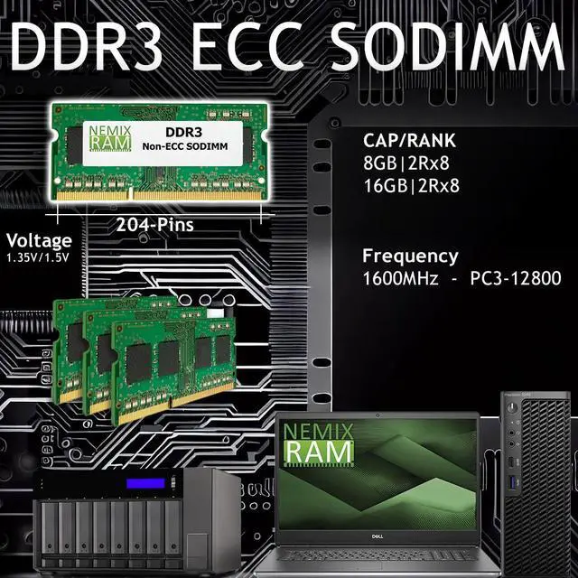Alt view image 2 of 6 - NEMIX RAM 8GB (1X8GB) DDR3 1600MHZ PC3-12800 2Rx8 1.35V 203-PIN ECC SODIMM Compatible with Supermicro MEM-DR380L-HL03-ES16 ECC Unbuffered Memory