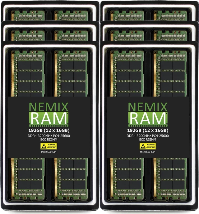 Main image of NEMIX RAM 192GB (12X16GB) DDR4 3200MHZ PC4-25600 1Rx4 1.2V 288-PIN ECC RDIMM Registered Server Memory KIT