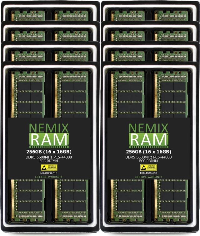 Main image of NEMIX RAM 256GB (16X16GB) DDR5 5600MHZ PC5-44800 1Rx8 1.1V 288-PIN ECC RDIMM Registered Server Memory KIT