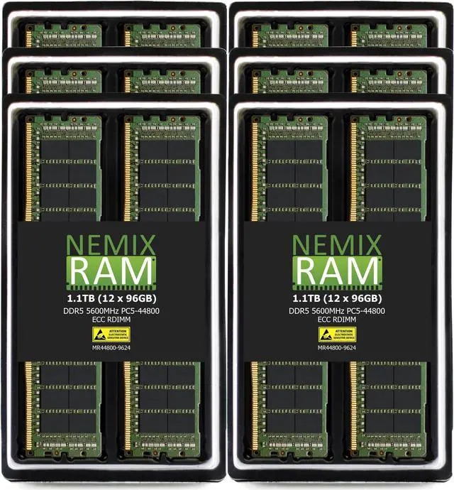 Main image of NEMIX RAM 1.1TB (12X96GB) DDR5 5600MHZ PC5-44800 2Rx4 1.1V 288-PIN ECC RDIMM Registered Server Memory KIT