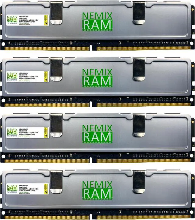 Main image of NEMIX RAM Silverline PC Gaming Memory 128GB (4X32GB) DDR4 2933MHZ PC4-23400 CL21 Non-ECC Unbuffered UDIMM KIT