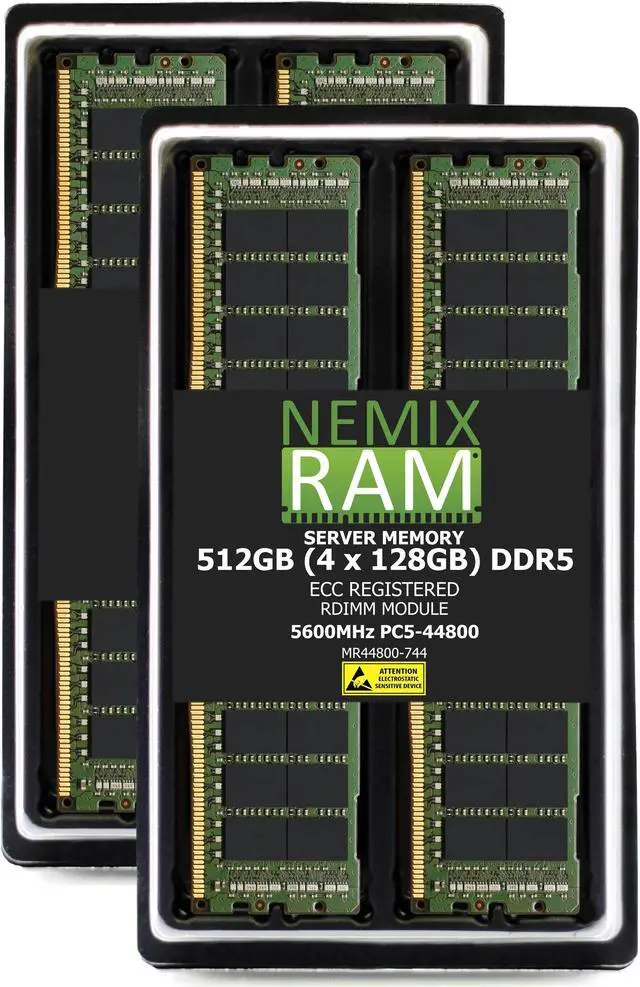 Main image of 512GB 4X128GB DDR5 5600MHz PC5-44800 4Rx4 1.1V CL46 288-PIN ECC Registered RDIMM NEMIX RAM Server Memory KIT Compatible with Supermicro X14SDW-64CM-SP9F Motherboard - DDR5 5600MHz PC5-44800