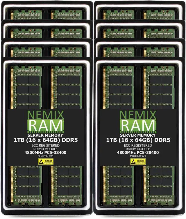Main image of 1TB 16X64GB DDR5 4800MHz PC5-38400 2Rx4 1.1V CL40 288-PIN ECC Registered RDIMM NEMIX RAM Server Memory KIT Compatible with Supermicro H13SSF Motherboard