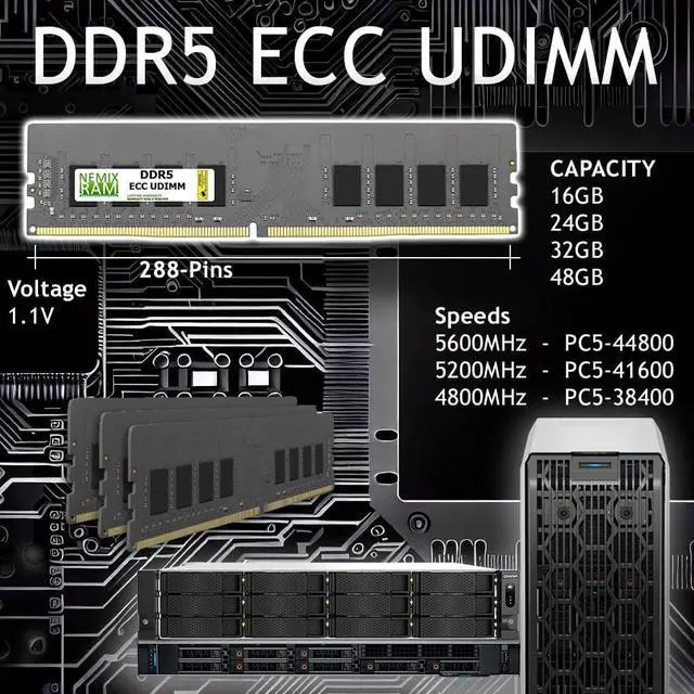 Alt view image 2 of 6 - NEMIX RAM 128GB (4X32GB) DDR5 5600MHZ PC5-44800 1.1V 2Rx8 288-PIN ECC Unbuffered UDIMM KIT