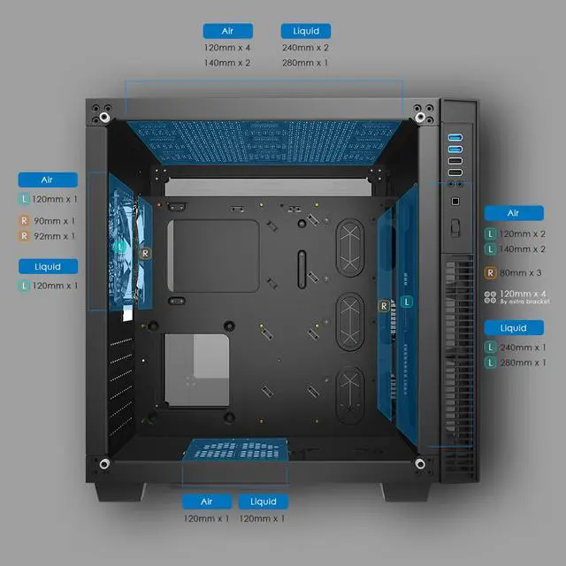 Alt view image 4 of 7 - anidees AI Crystal Cube ATX Tempered Glass PC Gaming Case with 5 x AI AUREOLA RGB Fans , Support 280/240 Radiator - Black RGB AI-CRYSTAL-CUBE-AR