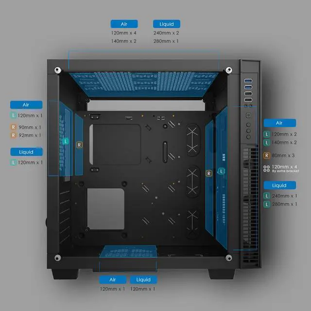Alt view image 5 of 7 - anidees AI Crystal Cube V2 Dual Chamber Tempered Glass EATX /ATX PC Gaming Case with 5 RGB Fans / 2 LED Strips AR2 version - Black AI-CL-Cube-AR2