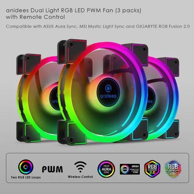 Alt view image 2 of 7 - anidees AI Aureola Duo 140mm 3pcs RGB PWM Fan Compatible with ASUS Aura SYNC/MSI Mystic/GIGABYTE Fusion MB with 5V 3pins RGB Header, for case Fan, Cooler Fan, with Remote(AI-AR-DUO14)