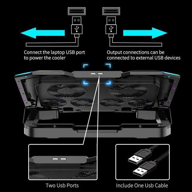 Alt view image 6 of 7 - ICE COOREL Gaming Laptop Cooling Pad 15-17.3 Inch with 6 Cooling Fans, Cooling Stand with 6 Height Adjustable, Laptop Cooler with RGB Light, LCD Screen, 2 USB Ports, Phone Stand