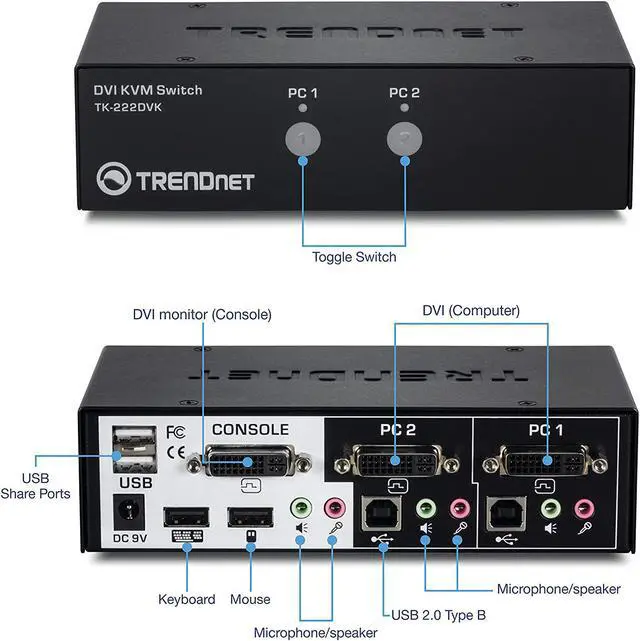 Alt view image 2 of 7 - TRENDnet 2-Port DVI KVM Switch with Audio, Manage Two PC's, Hot-Keys, USB 2.0, Metal Housing, Use with a DVID-D Monitor, TK-222DVK