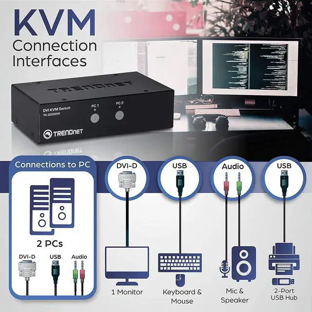 Alt view image 4 of 7 - TRENDnet 2-Port DVI KVM Switch with Audio, Manage Two PC's, Hot-Keys, USB 2.0, Metal Housing, Use with a DVID-D Monitor, TK-222DVK