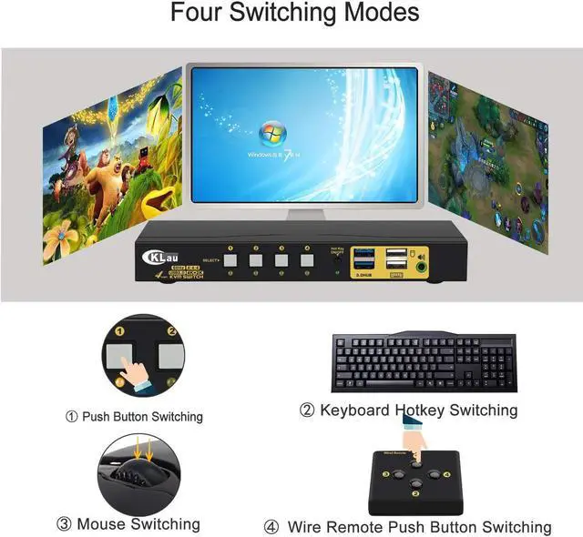 Alt view image 4 of 6 - 4 Port KVM HDMI Switch with Digital Audio Output, All Input Cables and 2 pcs USB 3.0 Hub, 4x1 HDMI KVM Switch USB 3.0 Supports Wireless Keyboard Mouse, 4K@60Hz 4:4:4, HDMI 2.0, HDR 10, EDID