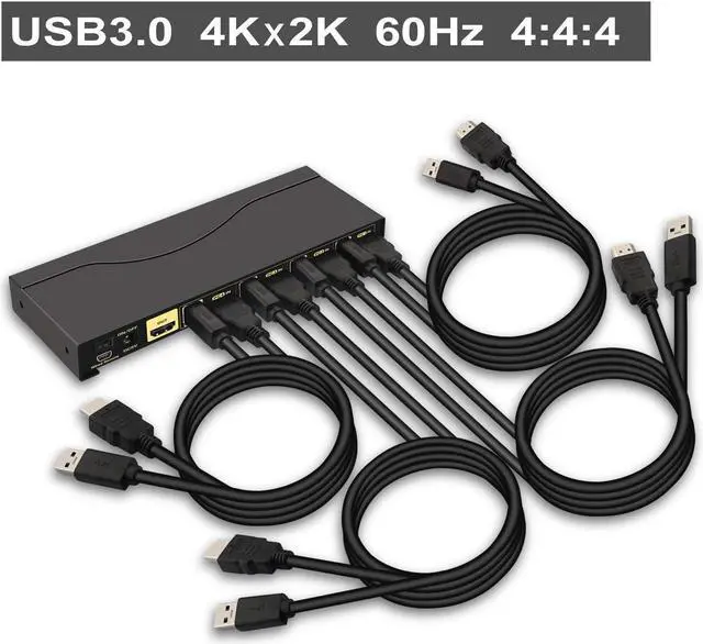 Alt view image 2 of 6 - 4 Port KVM HDMI Switch with Digital Audio Output, All Input Cables and 2 pcs USB 3.0 Hub, 4x1 HDMI KVM Switch USB 3.0 Supports Wireless Keyboard Mouse, 4K@60Hz 4:4:4, HDMI 2.0, HDR 10, EDID
