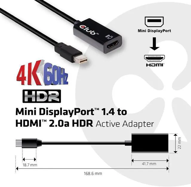 Alt view image 4 of 7 - Club 3D CAC-1180 Active Mini Display Port 1.4 to HDMI 2.0a HDR Adapter (Support Displays Upto 4k/UHD/4096x2160, 60Hz HDR)