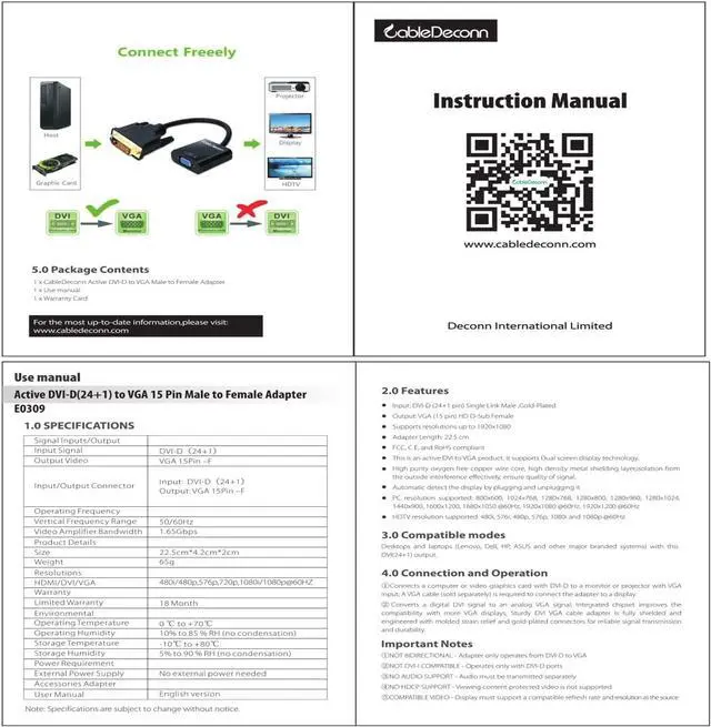 Alt view image 6 of 7 - CableDeconn Active DVI-D Link 24+1 Male to VGA Female M/F Video Cable Adapter Converter