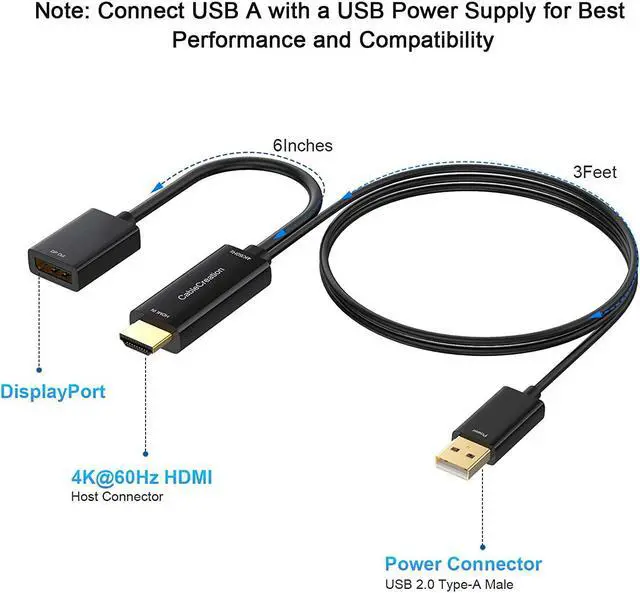 Alt view image 2 of 7 - HDMI to DisplayPort Adapter with USB Power, CableCreation 4K x 2K@60Hz HDMI Male to DP Female Adapter/Converter for Xbox One, Compliant with VESA Dual-Mode DisplayPort 1.2, HDMI 1.4