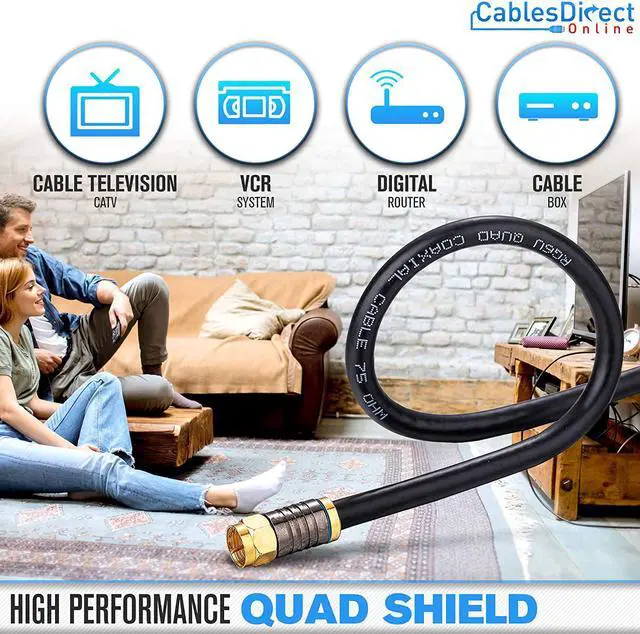 Alt view image 2 of 4 - Cables Direct Online 20FT RG6 Quad Shield Coaxial Cable, Black 3GHz Digital HD Extension Cord with F-Pin & BNC Connectors for Satellite Dish, Cable TV, and Antenna, Weatherproof Design