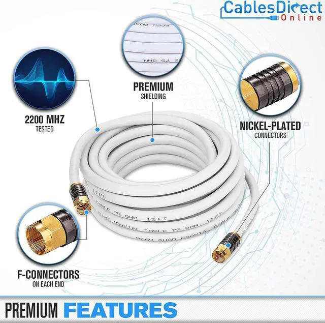 Alt view image 3 of 4 - Cables Direct Online 20FT RG6 Quad Shield Coaxial Cable, Black 3GHz Digital HD Extension Cord with F-Pin & BNC Connectors for Satellite Dish, Cable TV, and Antenna, Weatherproof Design