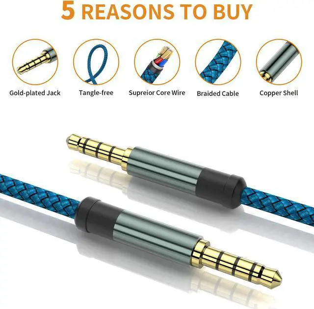 Alt view image 3 of 6 - 2 Pack TRRS 3.5mm Audio Cable 5Ft 4-Conductor (4 Pole) with Mic[Microphone Compatible] Nylon Braided Aux Cord Compatible Car Home Stereos Speaker Headphones Sony(Blue)