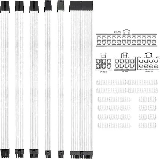 Main image of KOTTO Braided ATX Sleeved Cable Extension Kit for Power Supply Cable Kit, PSU Connectors, 24 Pin, 8 Pin, 6 Pin 4 + 4 Pin, 6 Pack, with Cable Comb 24 Pieces Set 24-Pin, 8-Pin, 6-Pin (White)