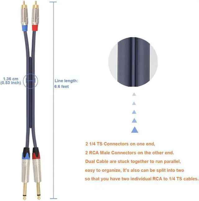 Alt view image 6 of 7 - tisino RCA to 1/4 Cable, Dual RCA to Dual 1/4 inch TS Stereo Audio Interconnect Cable Patch Cords - 6.6 feet