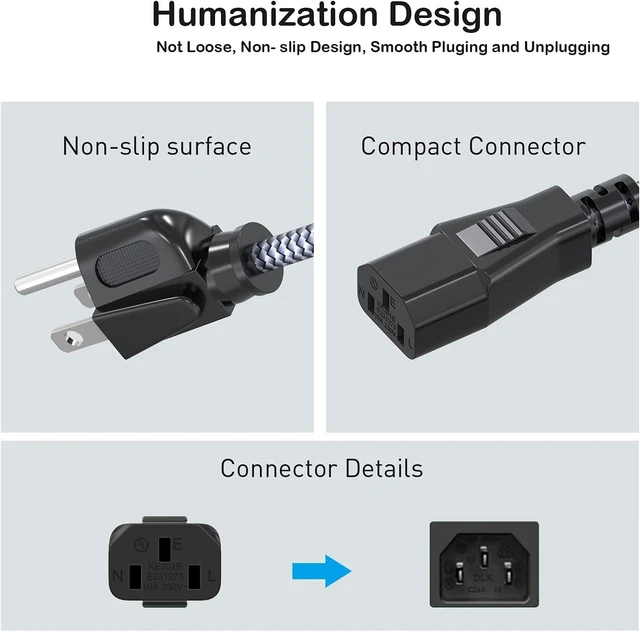 Alt view image 4 of 7 - Power Cord 10A 18AWG AC Power Cable 10FT(3m) Nylon Braided 3 Prong Power Cord Replacement Power Cable UL Certified for Computer TV Monitor Printer PC Projector Power Supply