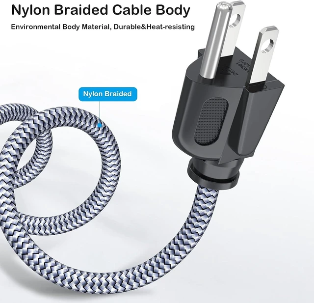Alt view image 2 of 7 - Power Cord 10A 18AWG AC Power Cable 10FT(3m) Nylon Braided 3 Prong Power Cord Replacement Power Cable UL Certified for Computer TV Monitor Printer PC Projector Power Supply