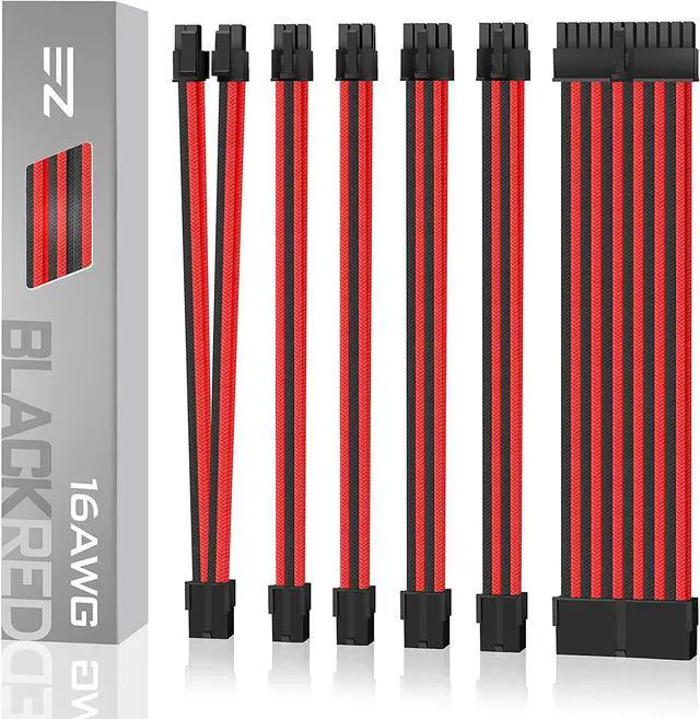 Main image of PSU Cable Extension kit Sleeved Cable Custom Power Supply Sleeved Extension 16 AWG 24-PIN 8-PIN 6-PIN 4+4-PIN with Combs- Black/Red