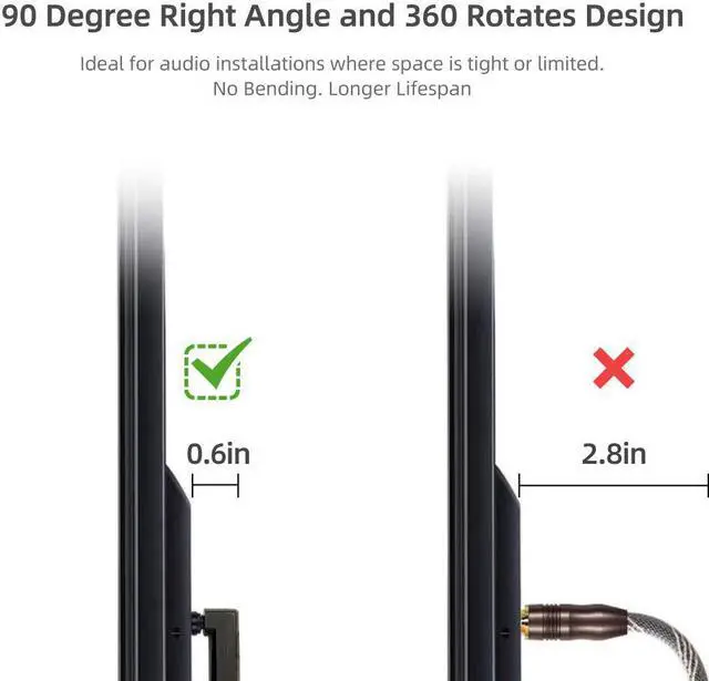 Alt view image 2 of 7 - 90 Degree Optical Audio Cable 65 feet, Slim Digital Audio Optical Cable, 360 Degree Right Angle Fiber Optic Toslink Cable, Compatible with Sound Bar, TV, , Vizio, Bose, LG, , Sonos