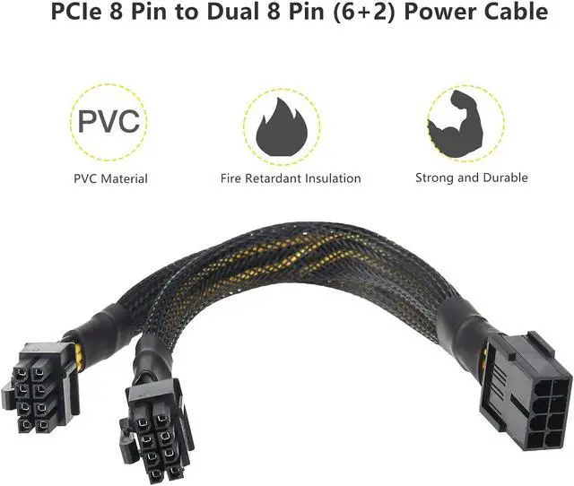 Alt view image 2 of 7 - 8 Pin PCIe Splitter, PCI-e 8 Pin Female to Dual 8 Pin(6+2) Male GPU VGA Power Cable PCI Express Adapter for Graphics Video Card, UIInosoo Sleeved Braided Y-Splitter Power Cord 9.5inch