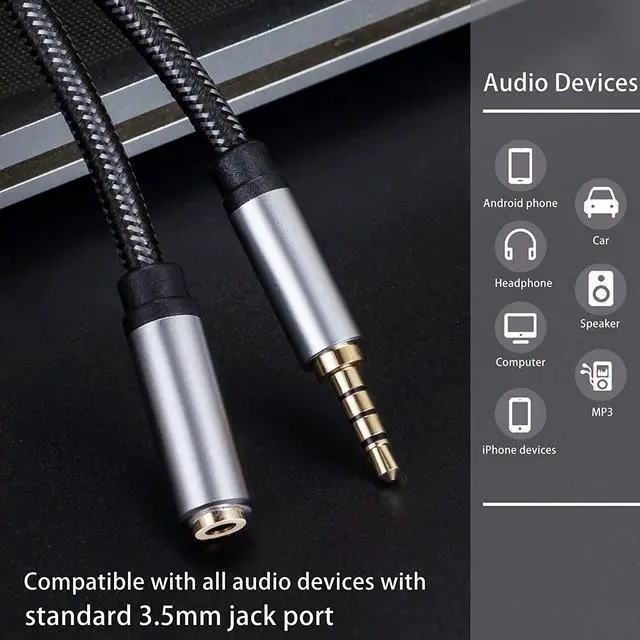 Alt view image 6 of 7 - Audio Mic Extension Cable 1Ft 3.5mm Aux Headphone Extender 4-Pole Jack Plug Extension Lead Stereo Male to Female Braided Cord for Headset TV Laptop Phone Switch Lite Car PS4 Xbox and More(1Ft/0.3M)
