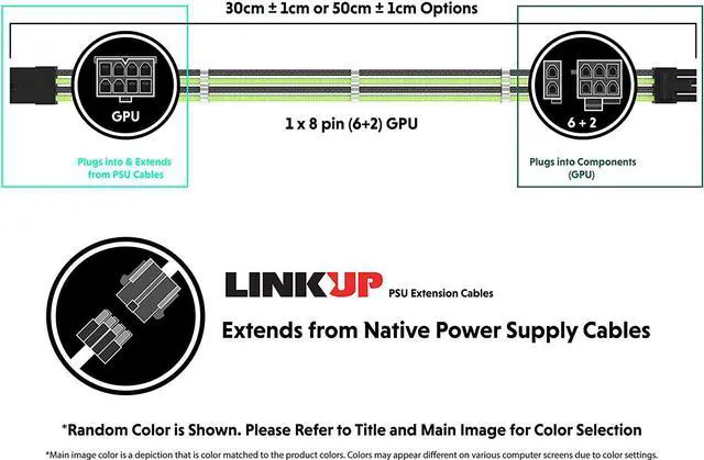 Alt view image 2 of 6 - LINKUP - 50cm PSU PC Power Extension Cable Metallic Sleeved Silicone Coated Soft & Flexible to Route Custom Mod GPU w/Comb1x 8P (6+2) GPU PCIe500mm - Green
