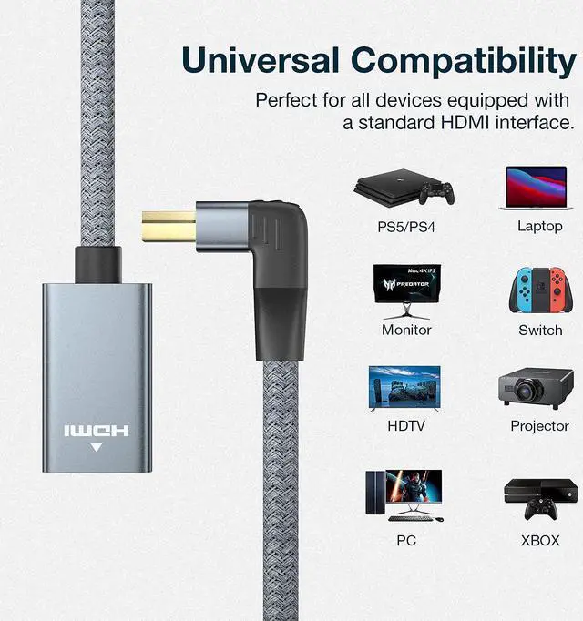 Alt view image 7 of 7 - 270 Degree HDMI Extension Cable, 4K HDMI Male to Female Nylon Braided Right Angle Extender Cable, Support 4K@60Hz, 3D, HDCP 2.2 & HDR for HDTV, PS5, PS4, Xbox One, Blu-ray Player, 1ft