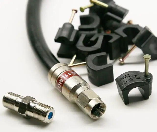 Main image of 40ft BLACK TRI-SHIELD DIRECT BURIAL UNDERGROUND RG-11 COAXIAL CABLE 14AWG 75 Ohm GEL BRAIDED WEATHER SEAL BRASS CONNECTORS BARREL AND 10 NAIL CLIPS INCLUDED ASSEMBLED IN USA by PHAT SATELLITE INTL