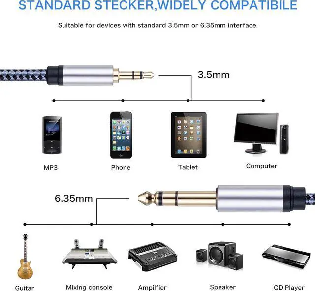 Alt view image 7 of 7 - 1/8 to 1/4 Stereo Cable 10FT 6.35mm 1/4 Male to 3.5mm 1/8 Male TRS Bidirectional Stereo Audio Cable Jack for Guitar Home Theater Devices Speaker and Amplifiers(10Ft)