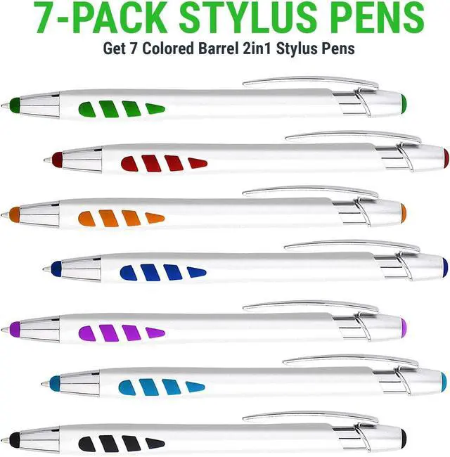 Alt view image 2 of 7 - Stylus Pens - 2 in 1 Touch Screen & Writing Pen Sensitive Stylus Tip - for Most Touchscreen Devices - Assorted Barrel Colors Black Ink 7 Pack