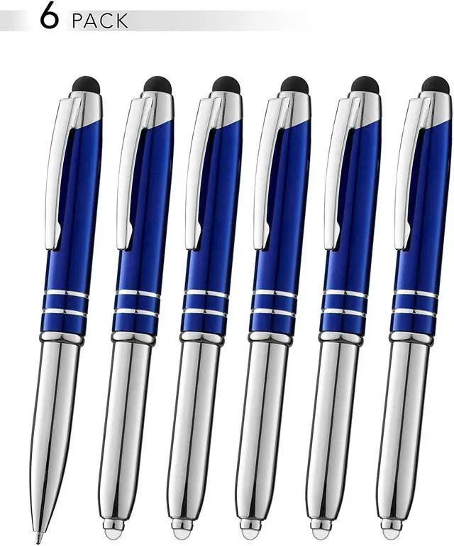 Main image of Stylus Pen for Touchscreen Devices Tablets iPads iPhones Multi-Function Capacitive Pen with LED Flashlight Ballpoint Ink Pen 3-in-1 Metal Pen 6PK Black Ink Blue Barrel