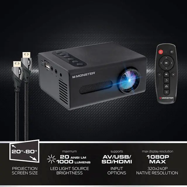 Alt view image 3 of 6 - Monster Image Mini Small Format LCD Projector 1920x1080 HD Quality, Project Up To 8 Feet Away, Works On Projection Screens Ranging from 20-80 Inches. Supports Any Format With Universal HDMI Cable
