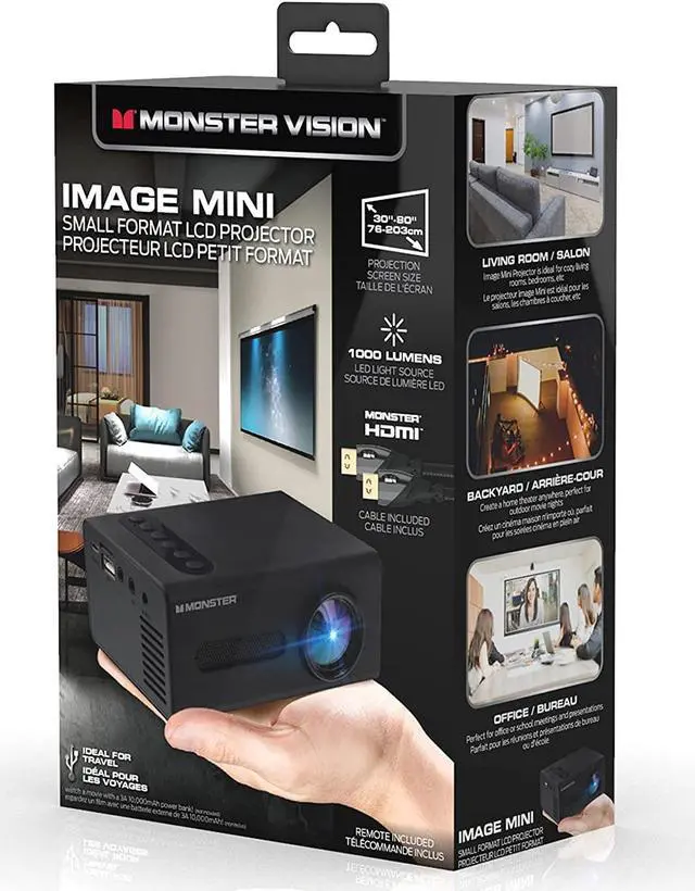 Alt view image 6 of 6 - Monster Image Mini Small Format LCD Projector 1920x1080 HD Quality, Project Up To 8 Feet Away, Works On Projection Screens Ranging from 20-80 Inches. Supports Any Format With Universal HDMI Cable