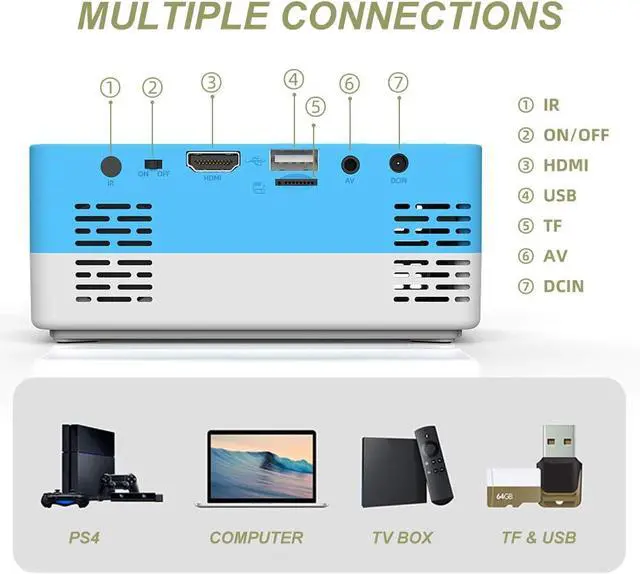 Alt view image 7 of 7 - Portable Mini Projector Support HD 1080P Movie Projector, 80" Display and 30000 Hours Lamp Life LED Video Projector, Compatible with Tv Stick, Video Games, Hdmi,USB,Tf,Vga,Aux,Av,Yellow