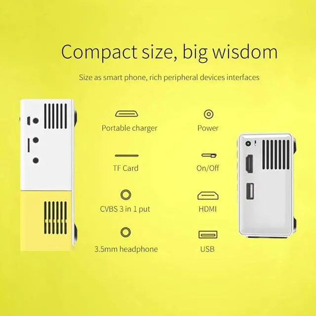 Alt view image 3 of 4 - Battery Version Mini Home Projector, 1080P HD, Home Theater Movie Projector, LED Video Projector, with HDMI USB TV AV Interface and Remote Control, Yellow and White