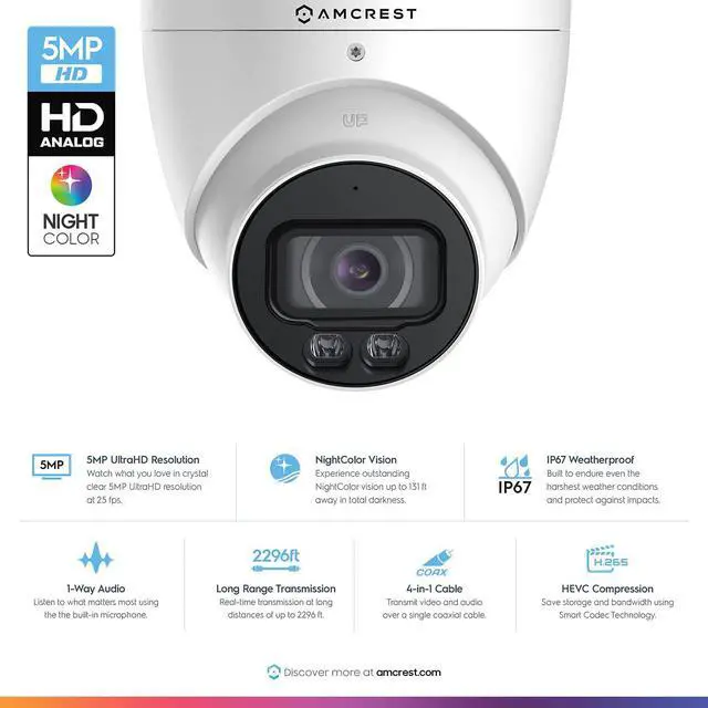 Alt view image 3 of 7 - 5MP NightColor Outdoor Security Camera, Turret 5MP @ 25fps, CCTV-Coax-BNC, 131ft Full Color Night Vision, Mic, 112° FOV (Not an IP Camera) (DVR Required, Not Included) (AT5N28-W)
