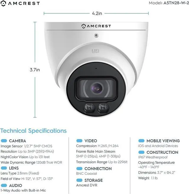 Alt view image 4 of 7 - 5MP NightColor Outdoor Security Camera, Turret 5MP @ 25fps, CCTV-Coax-BNC, 131ft Full Color Night Vision, Mic, 112° FOV (Not an IP Camera) (DVR Required, Not Included) (AT5N28-W)