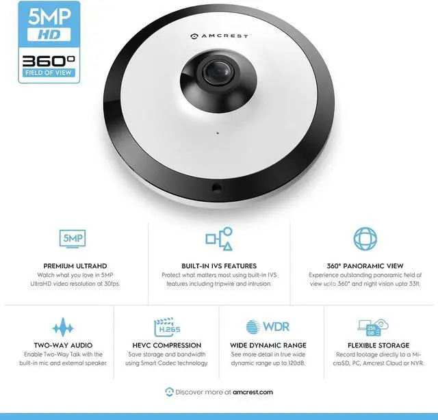 Alt view image 2 of 7 - Amcrest Fisheye IP POE Camera, 360° Panoramic 5MP Camera, Fish Eye Security Indoor Camera, 33ft Nightvision, IVS Features and People Counting, MicroSD Recording, IP5M-F1180EW-V2 (White) (Refurbished)