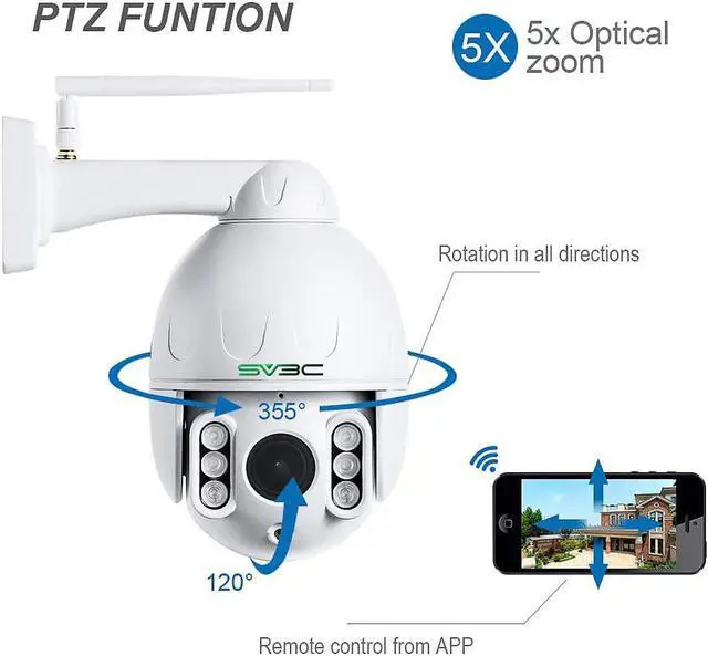 Alt view image 3 of 7 - SV3C 1080P Outdoor PTZ WiFi Camera, ONVIF Security IP Camera with Auto Tracking, 197ft HD Night Vision, 5X Optical Zoom, Two-Way Audio, Waterproof, Compatible with Blue Iris, SD Card Slot, CamHiPro